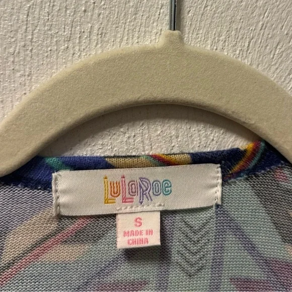 LuLaRoe Blue Yellow Long Duster Cardigan Colorful Geometric Print Spring Size S - Picture 4 of 5